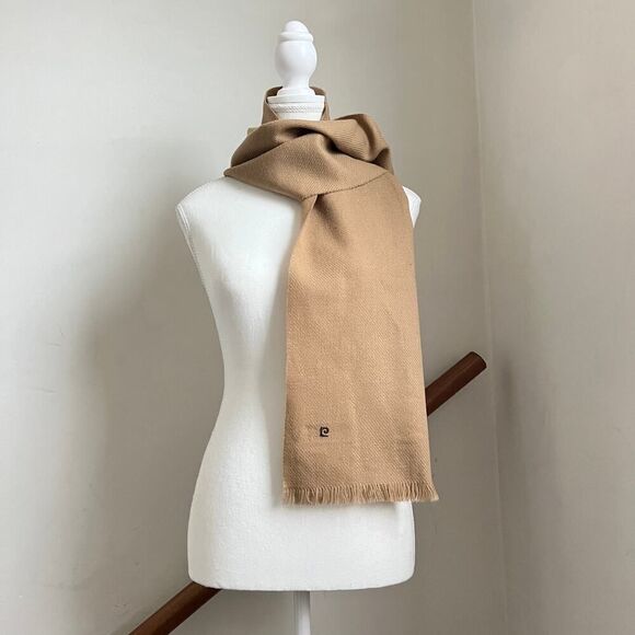 Vintage Pierre‎ Cardin Camel Winter Neck Scarf Logo Fringe Tan Brown Beige - Picture 1 of 5